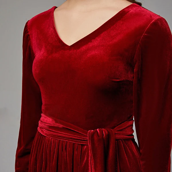 Luxury / Gorgeous Burgundy Mother Of The Bride Dresses 2020 Floor-Length / Long A-Line / Princess Long Sleeve V-Neck Backless Wedding Evening Party Wedding Party Dresses