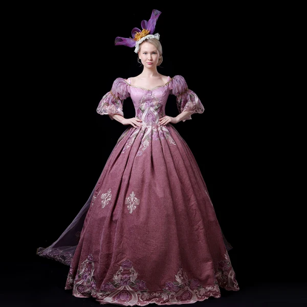 Vintage / Retro Medieval Candy Pink Ball Gown Prom Dresses 2021 V-Neck 1/2 Sleeves 3D Lace Appliques Handmade Embroidered Flower Lace Satin Cosplay Court Train Prom Formal Dresses