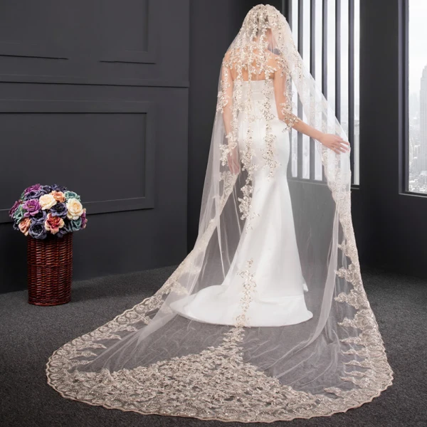 Luxe Champagne Tulle Dentelle Appliques 3 m Jardin / Extérieur Voile De Mariée 2017
