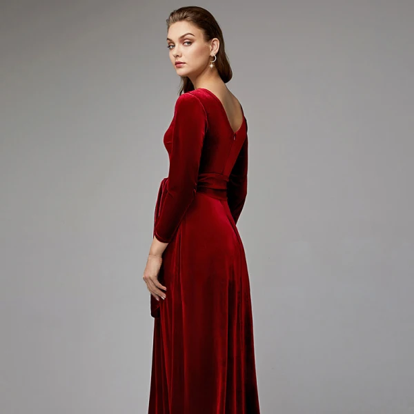 Luxury / Gorgeous Burgundy Mother Of The Bride Dresses 2020 Floor-Length / Long A-Line / Princess Long Sleeve V-Neck Backless Wedding Evening Party Wedding Party Dresses