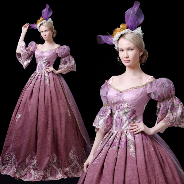 Vintage / Retro Medieval Candy Pink Ball Gown Prom Dresses 2021 V-Neck 1/2 Sleeves 3D Lace Appliques Handmade Embroidered Flower Lace Satin Cosplay Court Train Prom Formal Dresses
