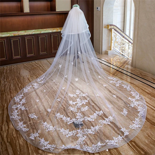 Chic / Beautiful White Royal Train Wedding Tulle Appliques Flower 4 m Wedding Veils 2018