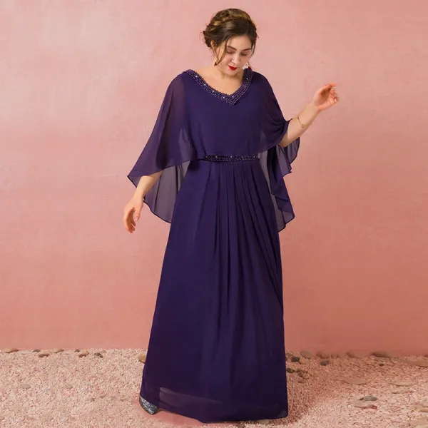Amazing / Unique Purple Plus Size Evening Dresses  2018 A-Line / Princess With Shawl Chiffon V-Neck Backless Beading Rhinestone Evening Party Formal Dresses