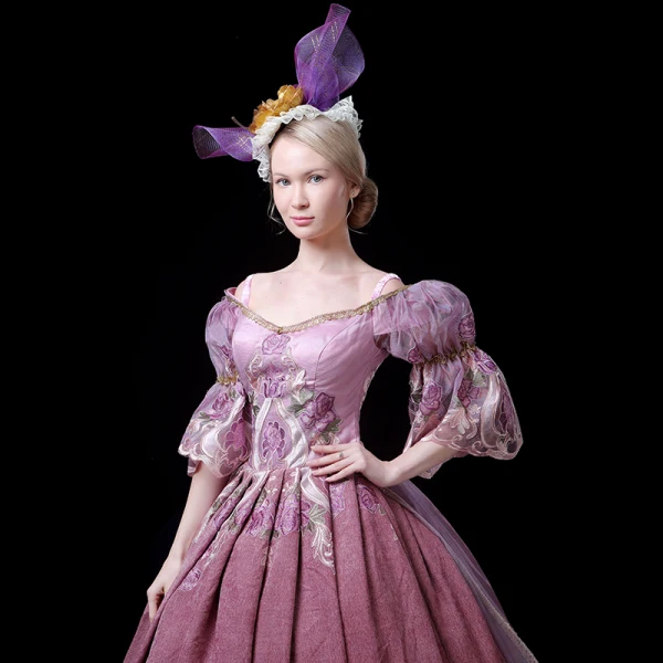 Vintage / Retro Medieval Candy Pink Ball Gown Prom Dresses 2021 V-Neck 1/2 Sleeves 3D Lace Appliques Handmade Embroidered Flower Lace Satin Cosplay Court Train Prom Formal Dresses