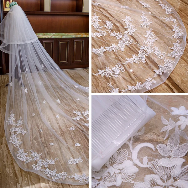 Chic / Beautiful White Royal Train Wedding Tulle Appliques Flower 4 m Wedding Veils 2018