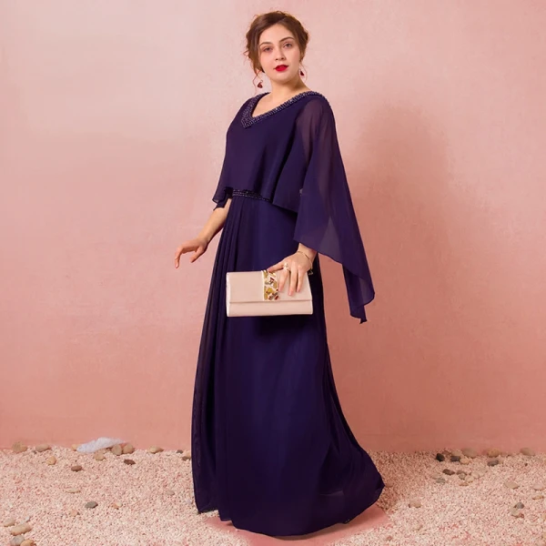 Amazing / Unique Purple Plus Size Evening Dresses 2018 A-Line / Princess With Shawl Chiffon V-Neck Backless Beading Rhinestone Evening Party Formal Dresses