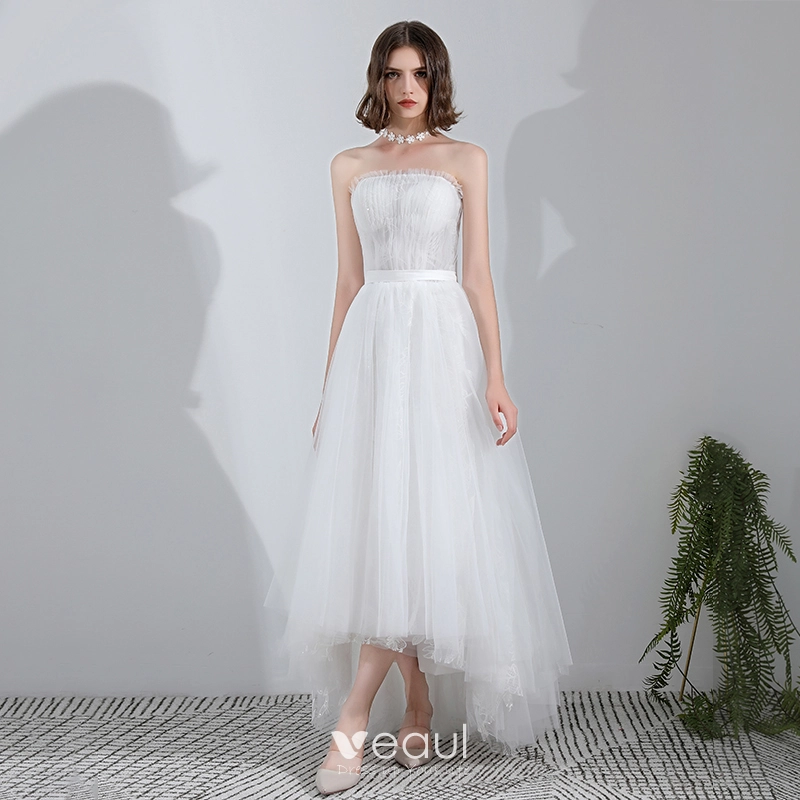 A Line Sweetheart Short Beach Pearl Hi-Lo Tulle White Wedding Dresses