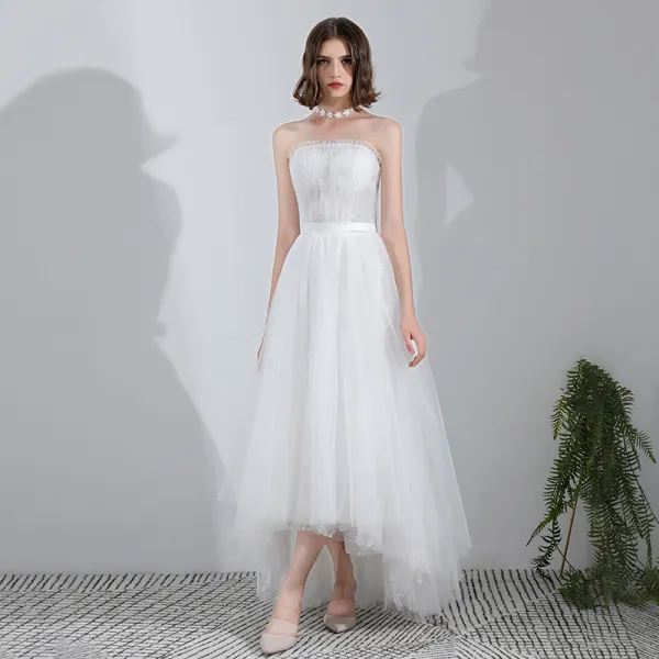 Mode Weiß Asymmetrisch Hochzeit 2018 A Linie Tülle Schnüren Kristall Bandeau Strand Brautkleider