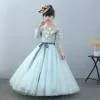 Chic / Beautiful Church Wedding Party Dresses 2017 Flower Girl Dresses Sky Blue Ball Gown Floor-Length / Long Off-The-Shoulder Long Sleeve Flower Appliques Beading Pearl