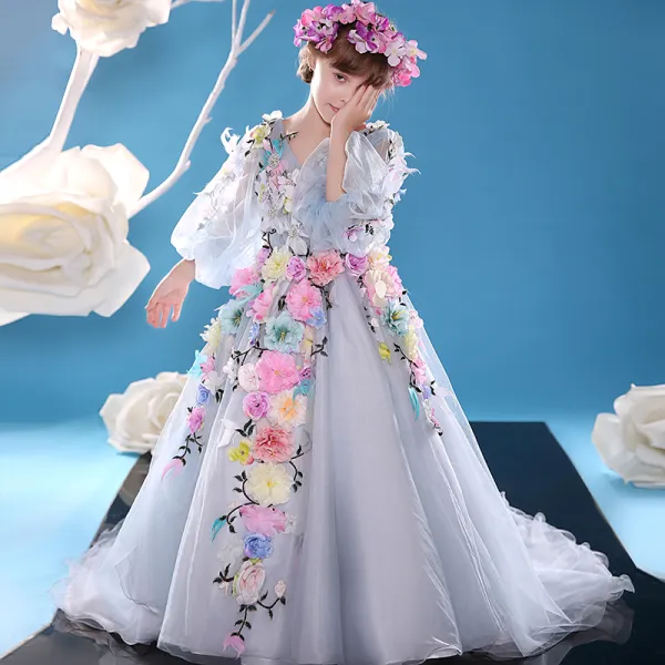 Chic / Beautiful Church Wedding Party Dresses 2017 Flower Girl Dresses Sky Blue A-Line / Princess Court Train V-Neck Long Sleeve Backless Flower Appliques Rhinestone Feather Artificial Flowers