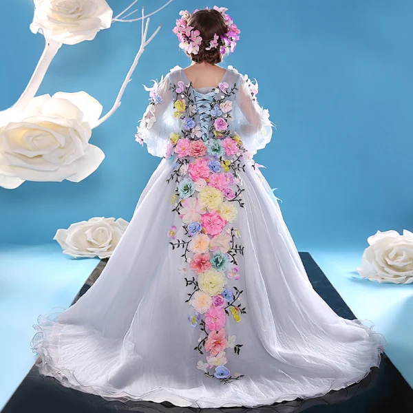 Chic / Beautiful Church Wedding Party Dresses 2017 Flower Girl Dresses Sky Blue A-Line / Princess Court Train V-Neck Long Sleeve Backless Flower Appliques Rhinestone Feather Artificial Flowers