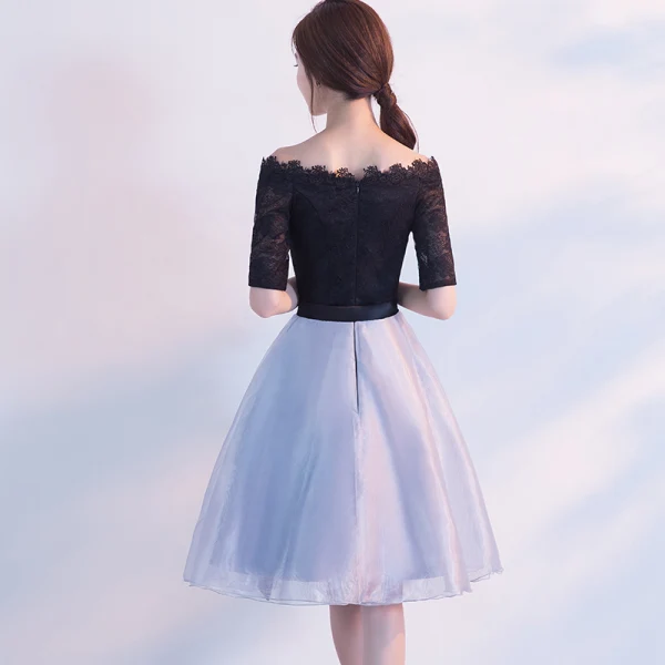 Chic / Beautiful Homecoming Graduation Dresses 2017 Black Sky Blue A-Line / Princess Knee-Length Off-The-Shoulder Backless 1/2 Sleeves Sash Lace Formal Dresses