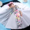 Chic / Beautiful Church Wedding Party Dresses 2017 Flower Girl Dresses Sky Blue A-Line / Princess Court Train V-Neck Long Sleeve Backless Flower Appliques Rhinestone Feather Artificial Flowers