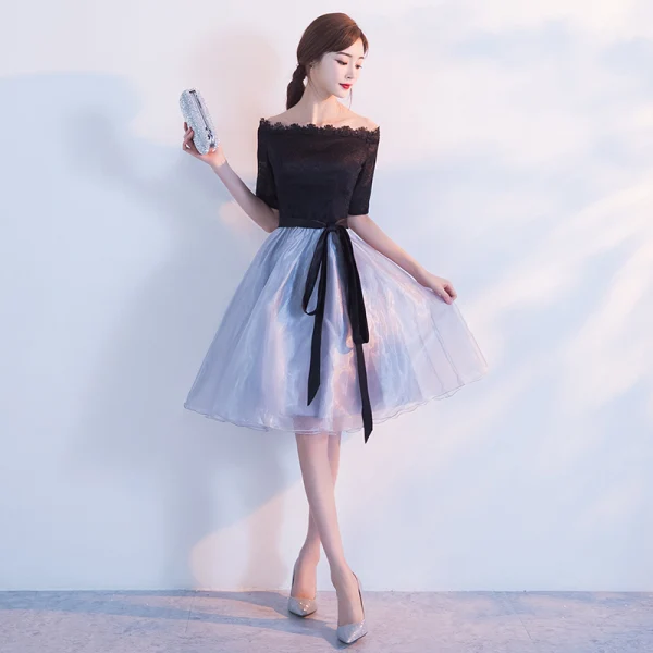 Chic / Beautiful Homecoming Graduation Dresses 2017 Black Sky Blue A-Line / Princess Knee-Length Off-The-Shoulder Backless 1/2 Sleeves Sash Lace Formal Dresses
