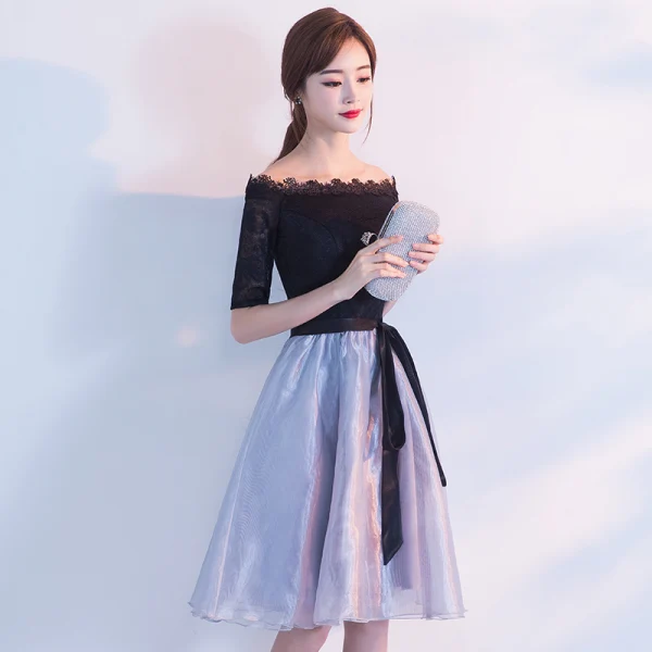 Chic / Beautiful Homecoming Graduation Dresses 2017 Black Sky Blue A-Line / Princess Knee-Length Off-The-Shoulder Backless 1/2 Sleeves Sash Lace Formal Dresses