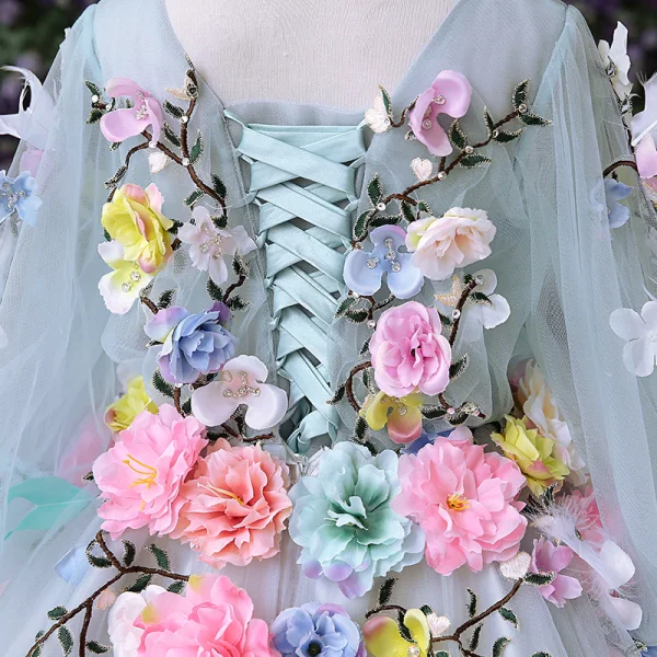 Chic / Beautiful Church Wedding Party Dresses 2017 Flower Girl Dresses Sky Blue A-Line / Princess Court Train V-Neck Long Sleeve Backless Flower Appliques Rhinestone Feather Artificial Flowers