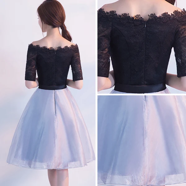Chic / Beautiful Homecoming Graduation Dresses 2017 Black Sky Blue A-Line / Princess Knee-Length Off-The-Shoulder Backless 1/2 Sleeves Sash Lace Formal Dresses