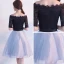 Chic / Beautiful Homecoming Graduation Dresses 2017 Black Sky Blue A-Line / Princess Knee-Length Off-The-Shoulder Backless 1/2 Sleeves Sash Lace Formal Dresses