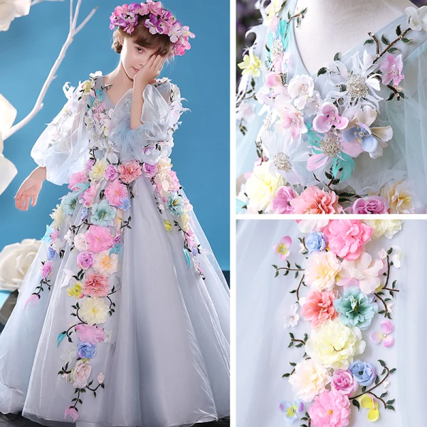 Chic / Beautiful Church Wedding Party Dresses 2017 Flower Girl Dresses Sky Blue A-Line / Princess Court Train V-Neck Long Sleeve Backless Flower Appliques Rhinestone Feather Artificial Flowers