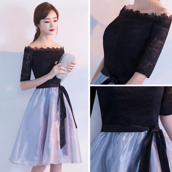 Chic / Beautiful Homecoming Graduation Dresses 2017 Black Sky Blue A-Line / Princess Knee-Length Off-The-Shoulder Backless 1/2 Sleeves Sash Lace Formal Dresses