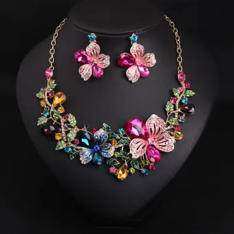 Fancy Multi Colors Rhinestone Flower Prom Earrings Necklaces 2023 Alloy