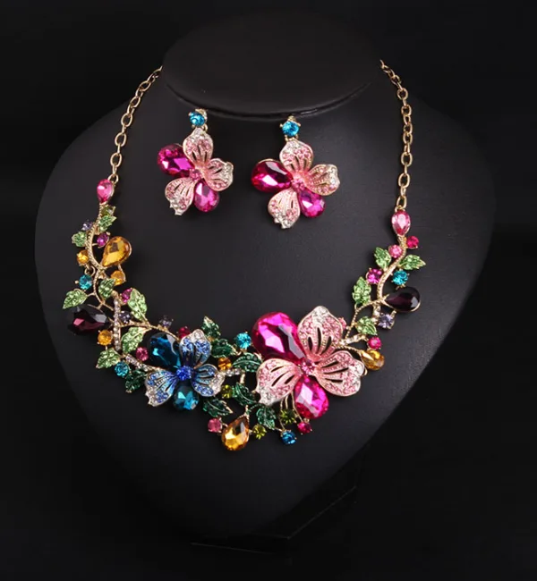 Fint Multi-Färger Rhinestone Blomma Bal Örhängen Halsband 2023 Legering