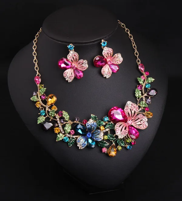 Fint Multi-Färger Rhinestone Blomma Bal Örhängen Halsband 2023 Legering