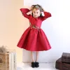 Chinese style Church Wedding Party Dresses 2017 Flower Girl Dresses Burgundy Ball Gown Knee-Length Scoop Neck 3/4 Sleeve Flower Appliques Beading