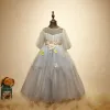 Chic / Beautiful Church Wedding Party Dresses 2017 Flower Girl Dresses Sky Blue Ball Gown Floor-Length / Long Cascading Ruffles Scoop Neck 1/2 Sleeves Backless Flower Appliques Rhinestone Sequins
