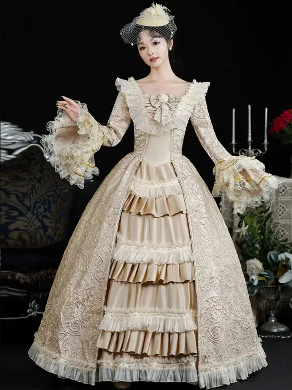 Vintage / Retro Medieval Champagne Prom Dresses 2024 3D Lace Printing Floor-Length / Long U-Neck Long Sleeve Ball Gown Cosplay Prom Formal Dresses