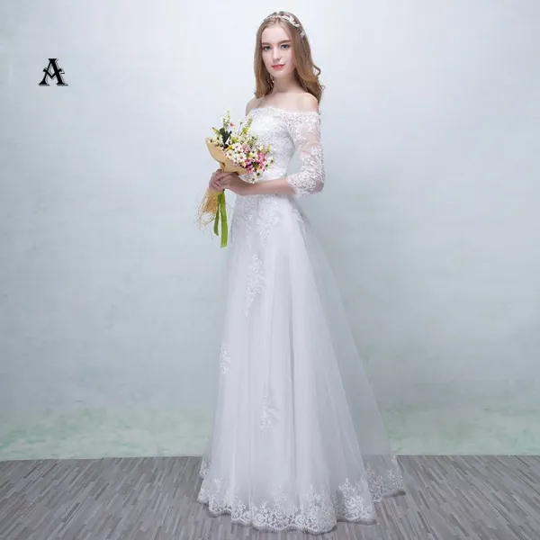Chic / Beautiful Church Wedding Dresses 2017 Lace Appliques Backless Sash Square Neckline 3/4 Sleeve A-Line / Princess Floor-Length / Long
