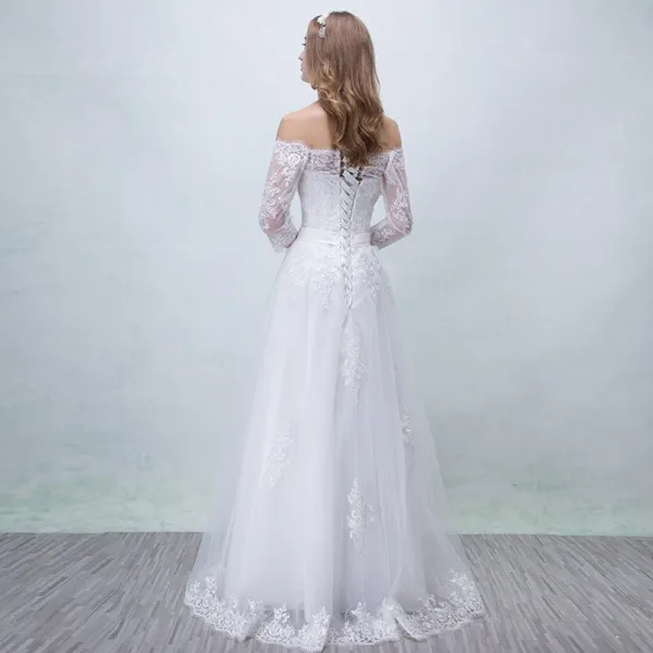 Chic / Beautiful Church Wedding Dresses 2017 Lace Appliques Square Neckline 3/4 Sleeve Backless Sash A-Line / Princess Floor-Length / Long Wedding Dresses A Line/ Princess Wedding Dresses