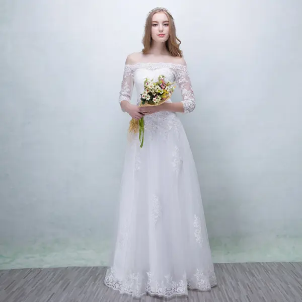 Chic / Beautiful Church Wedding Dresses 2017 Lace Appliques Square Neckline 3/4 Sleeve Backless Sash A-Line / Princess Floor-Length / Long Wedding Dresses A Line/ Princess Wedding Dresses