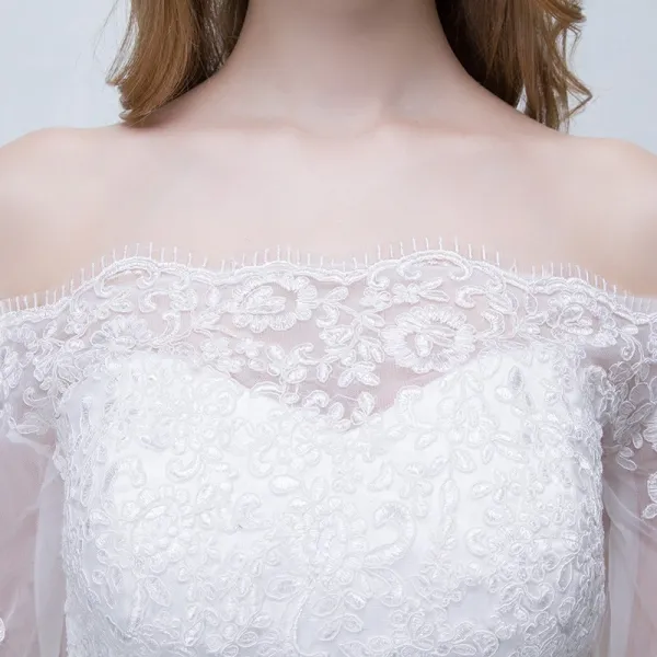 Chic / Beautiful Church Wedding Dresses 2017 Lace Appliques Square Neckline 3/4 Sleeve Backless Sash A-Line / Princess Floor-Length / Long Wedding Dresses A Line/ Princess Wedding Dresses