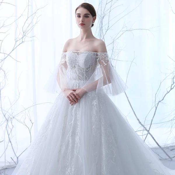 Elegante Ivory / Creme Durchsichtige Brautkleider 2018 A Linie Off Shoulder 3/4 Ärmel Rückenfreies Applikationen Mit Spitze Rüschen Kathedrale Schleppe