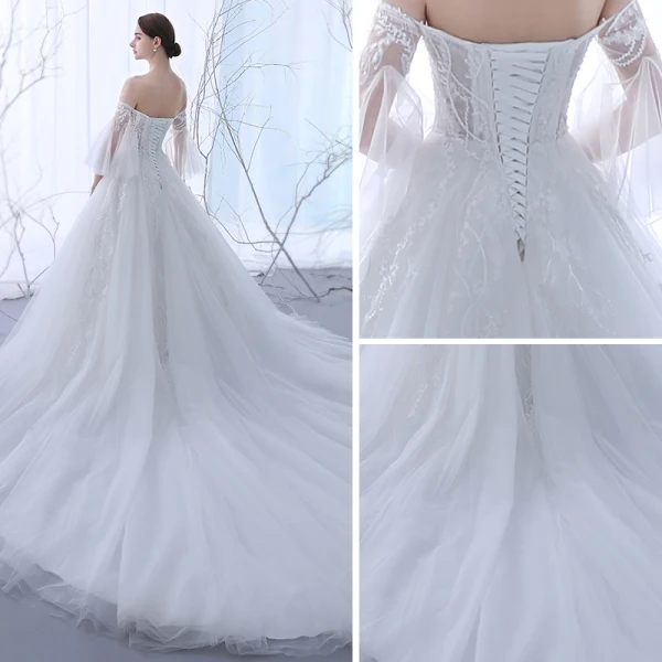 Elegante Ivory / Creme Durchsichtige Brautkleider 2018 A Linie Off Shoulder 3/4 Ärmel Rückenfreies Applikationen Mit Spitze Rüschen Kathedrale Schleppe