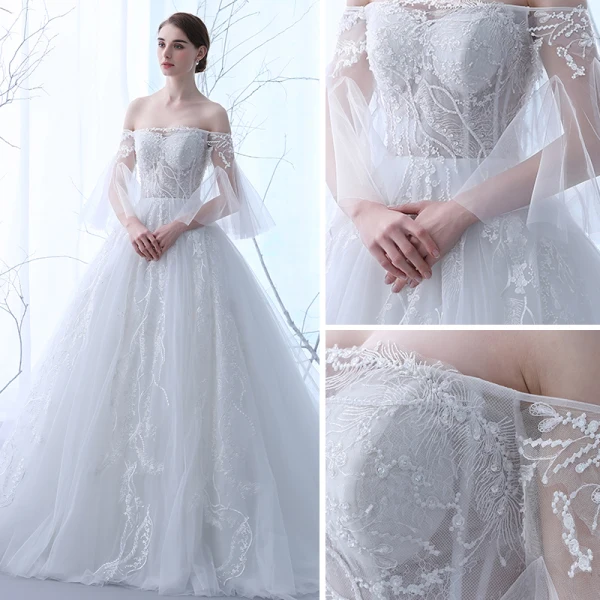 Elegante Ivory / Creme Durchsichtige Brautkleider 2018 A Linie Off Shoulder 3/4 Ärmel Rückenfreies Applikationen Mit Spitze Rüschen Kathedrale Schleppe