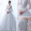 Elegante Ivory / Creme Durchsichtige Brautkleider 2018 A Linie Off Shoulder 3/4 Ärmel Rückenfreies Applikationen Mit Spitze Rüschen Kathedrale Schleppe