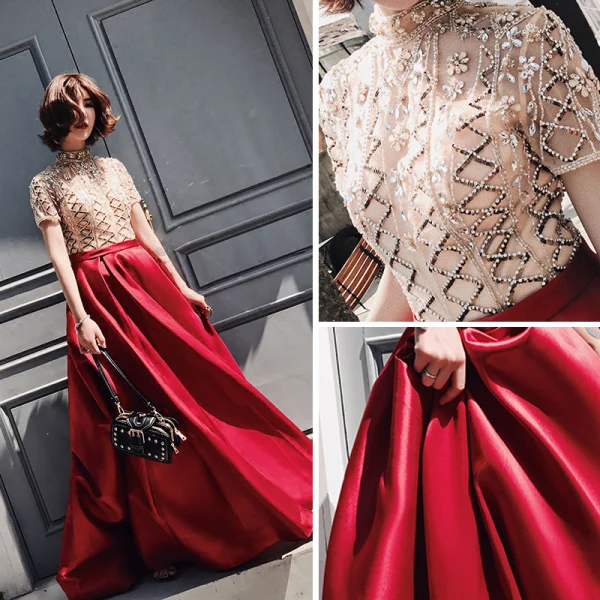 Luxe Bordeaux Robe De Soirée 2018 Princesse Col Haut Manches Courtes Perlage Train De Balayage Volants Robe De Ceremonie
