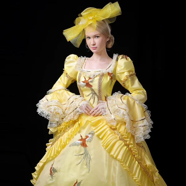 Vintage / Retro Medieval Yellow Ball Gown Prom Dresses 2021 Long Sleeve Square Neckline Floor-Length / Long 3D Lace Handmade Embroidered Appliques Cosplay Prom Formal Dresses