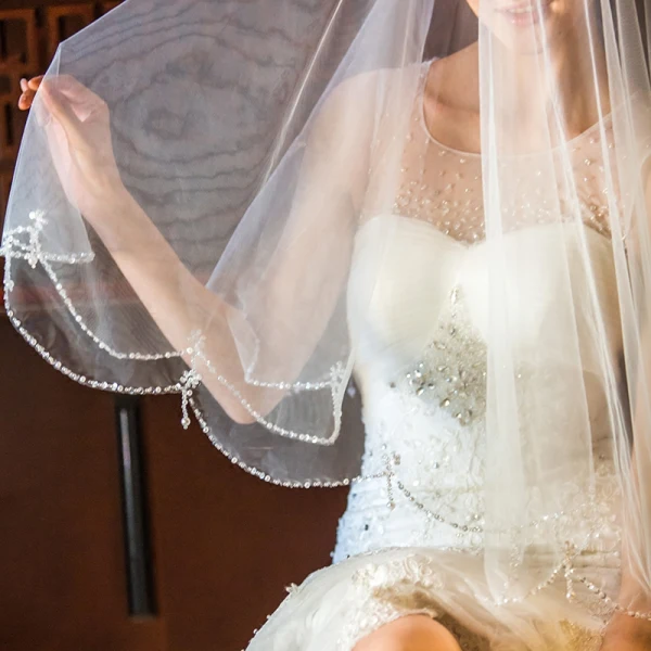 Chic / Beautiful White Short Wedding Veils 2020 Tulle Beading Crystal Pearl Wedding Accessories