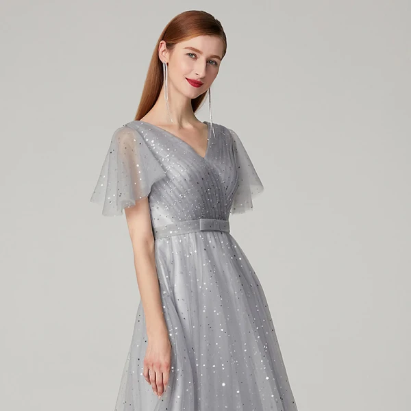 Scintillantes Bling Bling Gris Robe De Soirée 2020 Princesse Longue Manches Courtes V-Cou Étoile Glitter Paillettes Cocktail Soirée Robe De Ceremonie