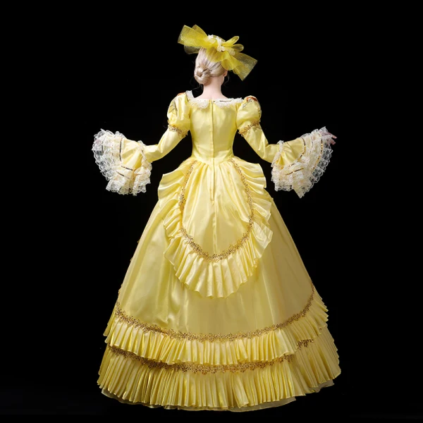 Vintage / Retro Medieval Yellow Ball Gown Prom Dresses 2021 Long Sleeve Square Neckline Floor-Length / Long 3D Lace Handmade Embroidered Appliques Cosplay Prom Formal Dresses