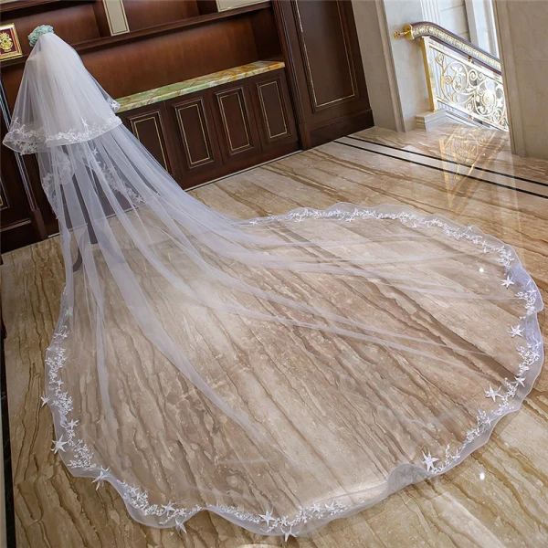 Romantic White Royal Train Wedding Tulle Star Appliques Wedding Veils 2018