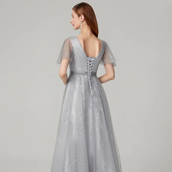 Scintillantes Bling Bling Gris Robe De Soirée 2020 Princesse Longue Manches Courtes V-Cou Étoile Glitter Paillettes Cocktail Soirée Robe De Ceremonie