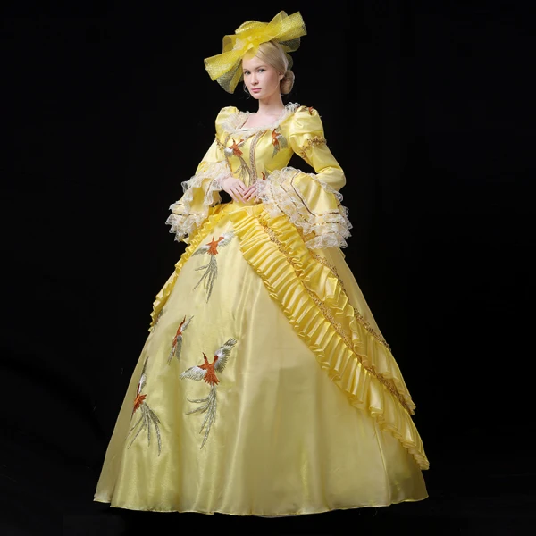Vintage / Retro Medieval Yellow Ball Gown Prom Dresses 2021 Long Sleeve Square Neckline Floor-Length / Long 3D Lace Handmade Embroidered Appliques Cosplay Prom Formal Dresses