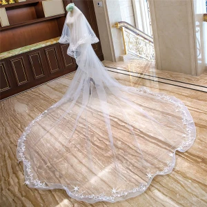 Romantic White Royal Train Wedding Tulle Star Appliques Wedding Veils 2018