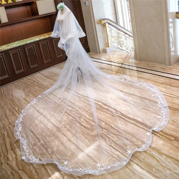 Romantique Blanche Royal Train Mariage Tulle Étoile Appliques Voile De Mariée 2018