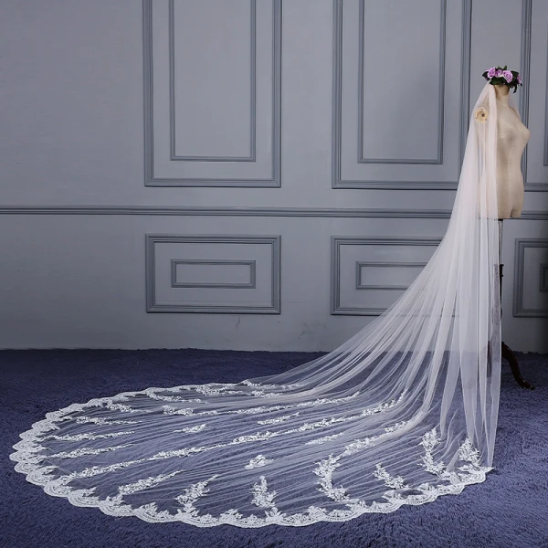 Chic / Belle Blanche Cathedral Train Mariage En Dentelle Tulle Appliques Voile De Mariée 2018
