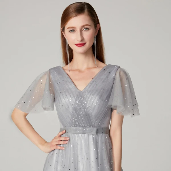 Scintillantes Bling Bling Gris Robe De Soirée 2020 Princesse Longue Manches Courtes V-Cou Étoile Glitter Paillettes Cocktail Soirée Robe De Ceremonie